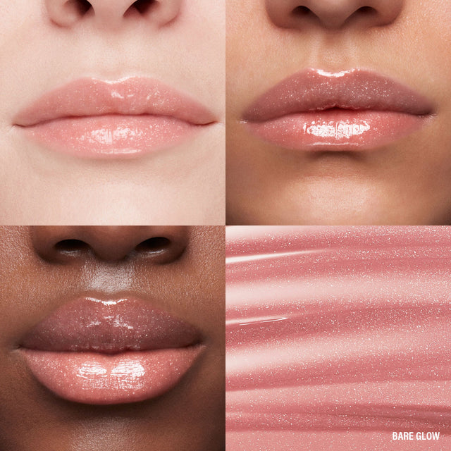 Lip macros of three skin tones wearing the MoistureGlow™ Plumping Lip Serum in shade Bare Glow.