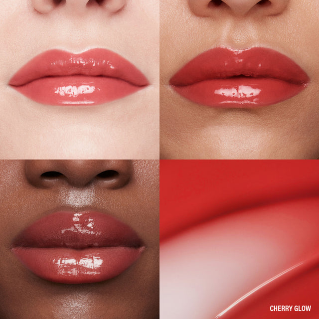 Lip macros of three skin tones wearing the MoistureGlow™ Plumping Lip Serum in shade Cherry Glow.