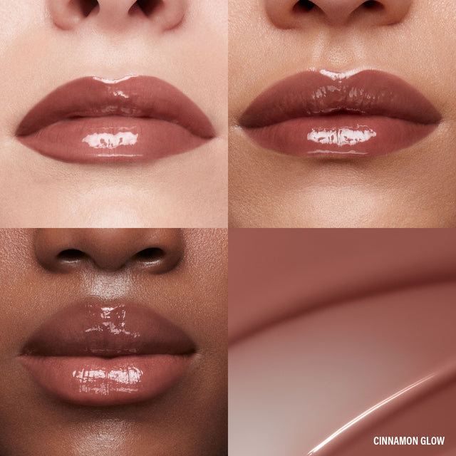 Lip macros of three skin tones wearing the MoistureGlow™ Plumping Lip Serum in shade Cinnamon Glow.