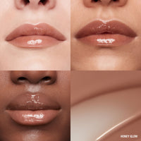 Lip macros of three skin tones wearing the MoistureGlow™ Plumping Lip Serum in shade Honey Glow.