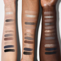 Ethereal Eyes Eyeshadow Palette in Moonlight shades swatched on three different skin tones to show the shade payoff.