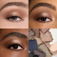 Ethereal Eyes Eyeshadow Palette in Moonlight makeup looks shown on three different models portraying a more neutral eyeshadow look featuring shimmery shades.  