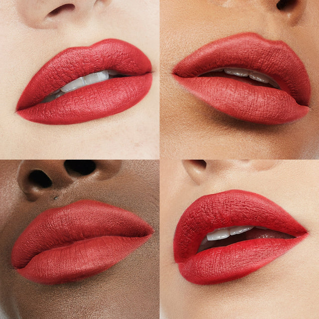 Image of four lips wearing Ultra Suede® Lipstick by Makeup By Mario in shade Alicia (Warm Red)