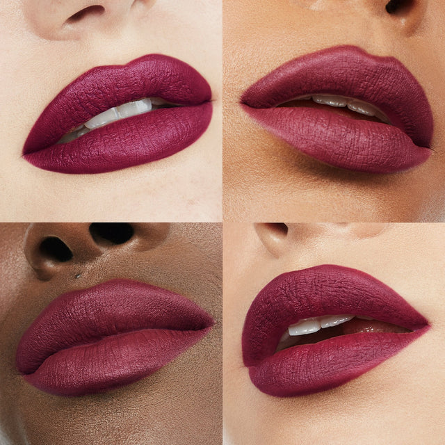 Image of four lips wearing Ultra Suede® Lipstick by Makeup By Mario in shade Amanda (Deep Plum)
