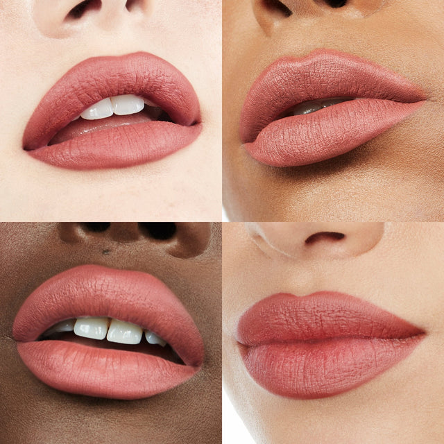 Image of four lips wearing Ultra Suede® Lipstick by Makeup By Mario in shade Annie (Midtone Peachy Rose)