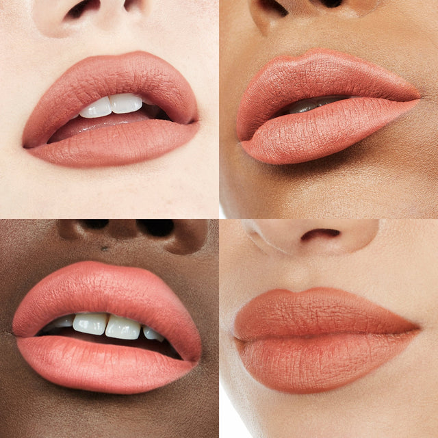 Image of four lips wearing Ultra Suede® Lipstick by Makeup By Mario in shade Cam (Muted Peachy Nude)