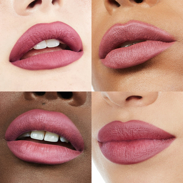 Image of four lips wearing Ultra Suede® Lipstick by Makeup By Mario in shade Lucia (Berry Mauve)