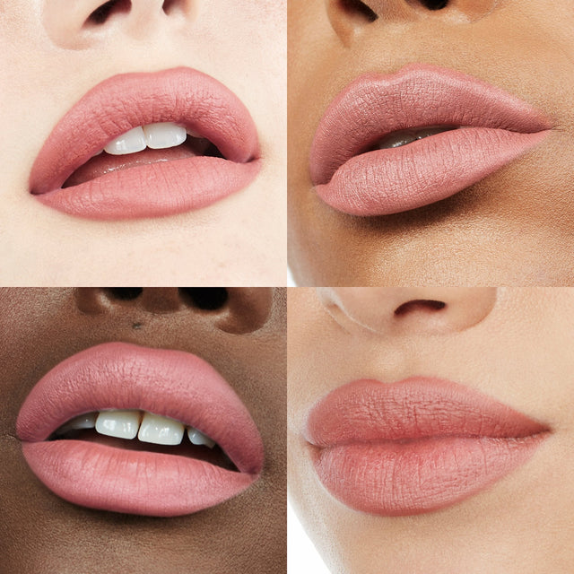 Image of four lips wearing Ultra Suede® Lipstick by Makeup By Mario in shade Rasa (Midtone Rose Pink)