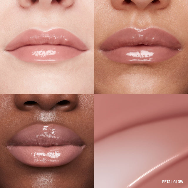 Lip macros of three skin tones wearing the MoistureGlow™ Plumping Lip Serum in shade Petal Glow.