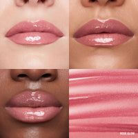 Lip macros of three skin tones wearing the MoistureGlow™ Plumping Lip Serum in shade Rose Glow.