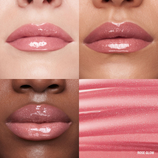 Lip macros of three skin tones wearing the MoistureGlow™ Plumping Lip Serum in shade Rose Glow.