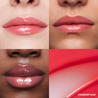 Lip macros of three skin tones wearing the MoistureGlow™ Plumping Lip Serum in shade Strawberry Glow.