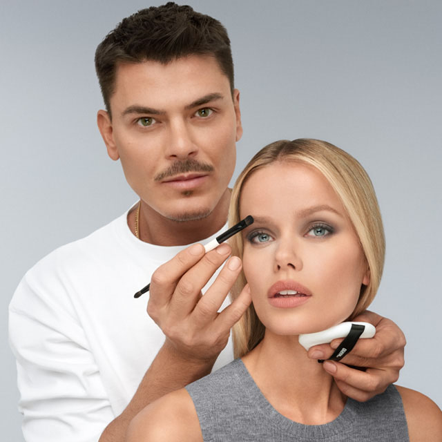 Mario Dedivanovic applying Master Mattes® Eyeshadow Palette: The Neutrals onto a models eyelids using a brush. 