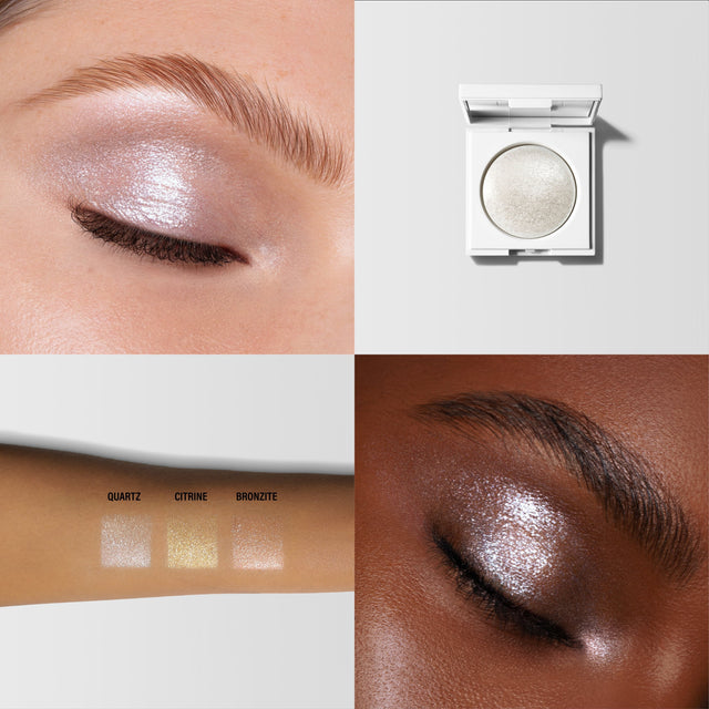 Multiple images of the Master Crystal Reflector® in Quartz. One image of a women wearing it on her eye, one image of a arm swatch and another image of the product. 