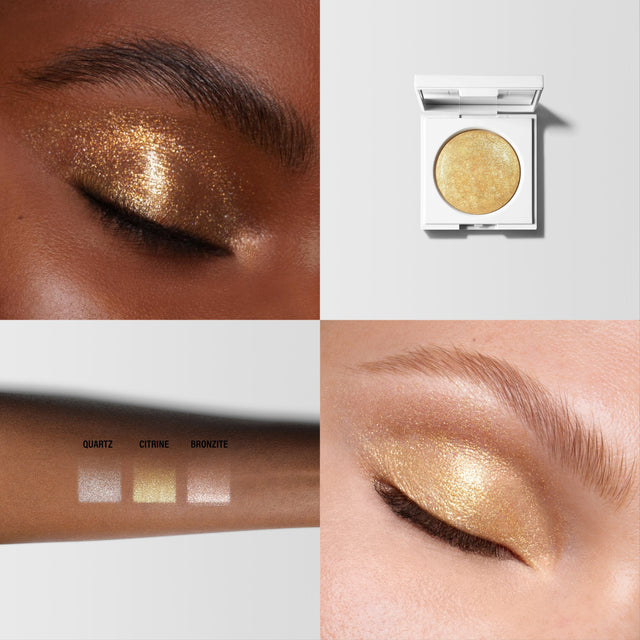Multiple images of the Master Crystal Reflector® in Citrine. One image of a women wearing it on her eye, one image of a arm swatch and another image of the product. 