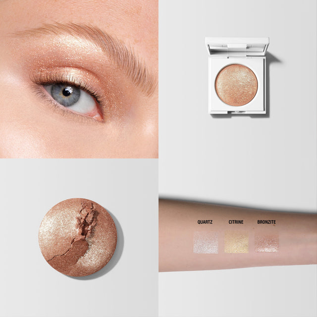 Multiple images of the Master Crystal Reflector® in Bronzite. One image of a women wearing it on her eye, one image of a arm swatch and another image of the product. 
