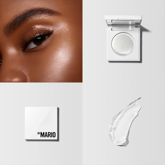 A quad showing Master Secret Glow® being used on a females face, in packaging and a swatch.
