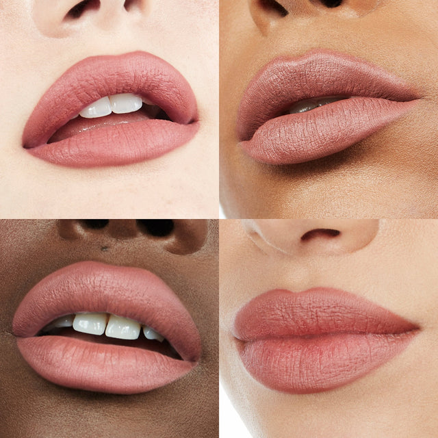 Image of four lips wearing Ultra Suede® Lipstick by Makeup By Mario in shade Sam (Midtone Pink Nude)