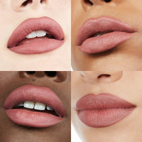 Image of four lips wearing Ultra Suede® Lipstick by Makeup By Mario in shade Kate (Muted Rosey Nude)