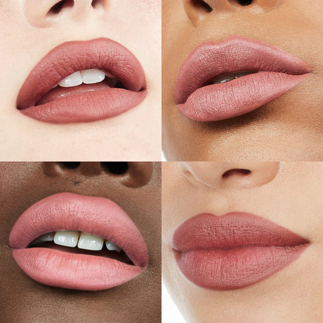 Image of four lips wearing Ultra Suede® Lipstick by Makeup By Mario in shade Brielle (Midtone Mauvy Nude)