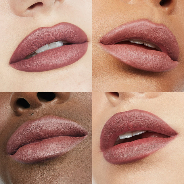 Image of four lips wearing Ultra Suede® Lipstick by Makeup By Mario in shade Fanda (Cool Brown with Pink Undertones)