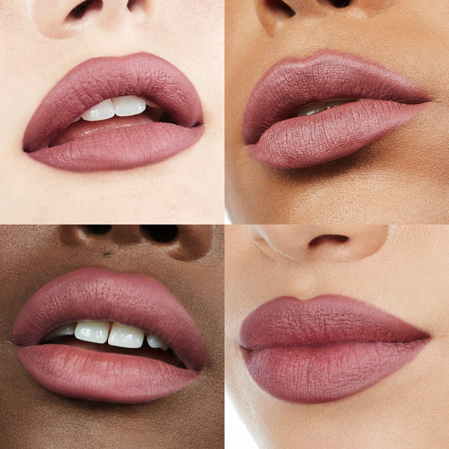 Image of four lips wearing Ultra Suede® Lipstick by Makeup By Mario in shade Jesse (Pink Mauvy Brown)