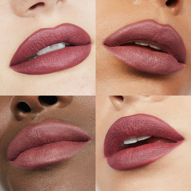 Image of four lips wearing Ultra Suede® Lipstick by Makeup By Mario in shade Daniela (Deep Reddish Brown)