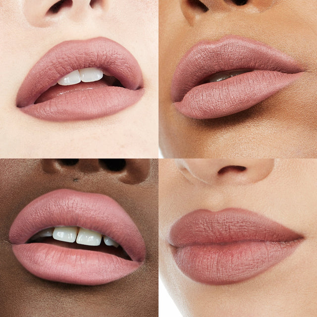 Image of four lips wearing Ultra Suede® Lipstick by Makeup By Mario in shade Erin (Cool Nude with Pink Undertone)