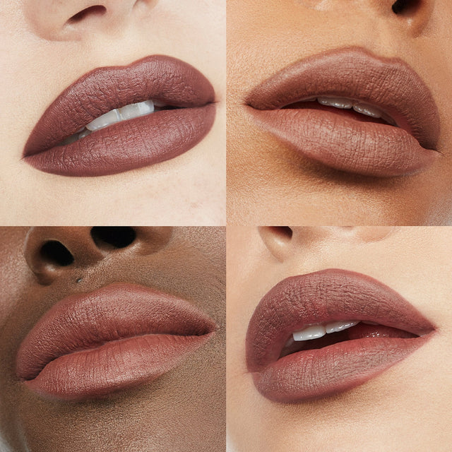 Image of four lips wearing Ultra Suede® Lipstick by Makeup By Mario in shade Garth (Cool Midtone Brown)