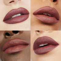 Image of four lips wearing Ultra Suede® Lipstick by Makeup By Mario in shade Nicole (Intense Burgundy Brown)
