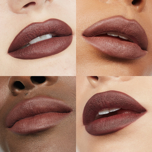 Image of four lips wearing Ultra Suede® Lipstick by Makeup By Mario in shade Maurice (Deep Rich Brown)