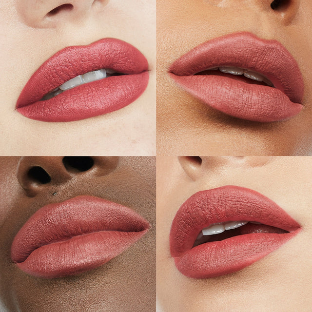 Image of four lips wearing Ultra Suede® Lipstick by Makeup By Mario in shade Nikki (Muted Brick Red)