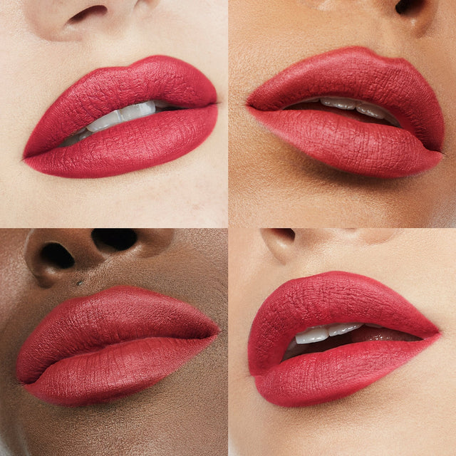Image of four lips wearing Ultra Suede® Lipstick by Makeup By Mario in shade Kiana (Cool Red)