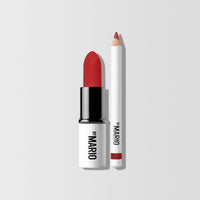 Front facing image of Mario's Lip Lift Kit which features a Ultra Suede Lipstick in shade Alicia and a mini Ultra Suede Lip Pencil in shade Niels.