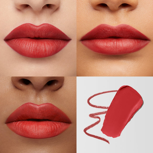 Up close images of three female lips wearing the Ultra Suede Lipstick in shade Alicia and a mini Ultra Suede Lip Pencil in shade Niels.