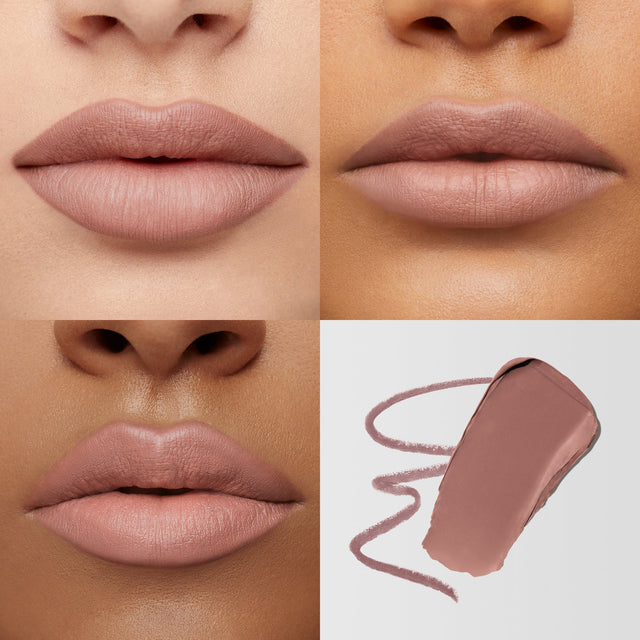Up close images of three female lips wearing the Ultra Suede Lipstick in shade Erin and a mini Ultra Suede Lip Pencil in shade Smokey Pink.