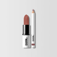 Front facing image of Mario's Lip Lift Kit which features a Ultra Suede Lipstick in shade Sam and a mini Ultra Suede Lip Pencil in shade Hugh.