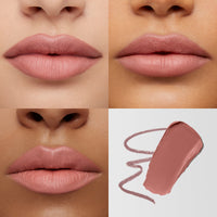 Up close images of three female lips wearing the Ultra Suede Lipstick in shade Sam and a mini Ultra Suede Lip Pencil in shade Hugh.
