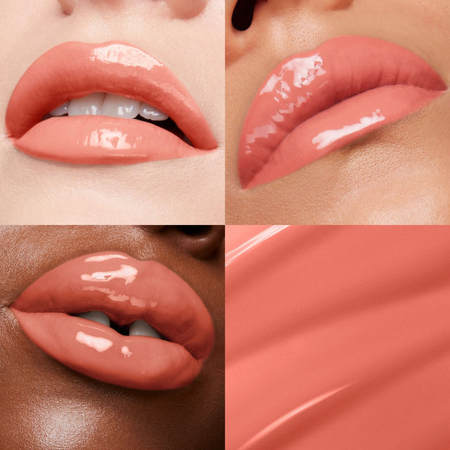 Lip macros of three skin tones wearing the  MoistureGlow™ Plumping Lip Color in shade Baby Coral. 
