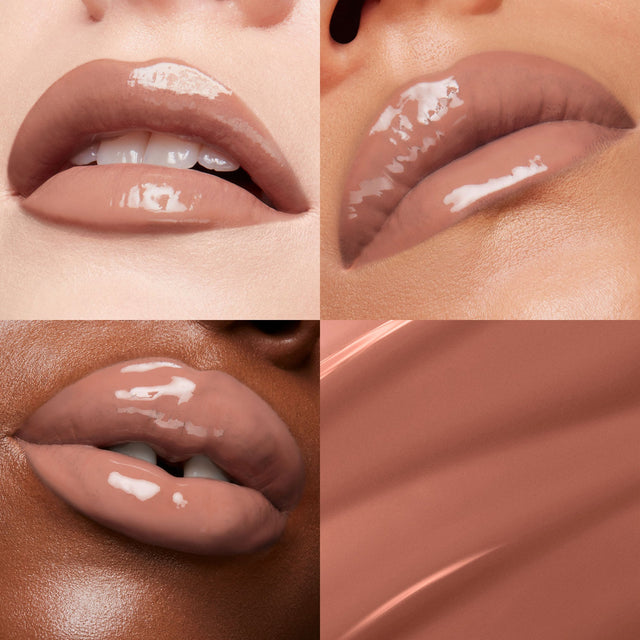 Lip macros of three skin tones wearing the  MoistureGlow™ Plumping Lip Color in shade Barely Pink. 