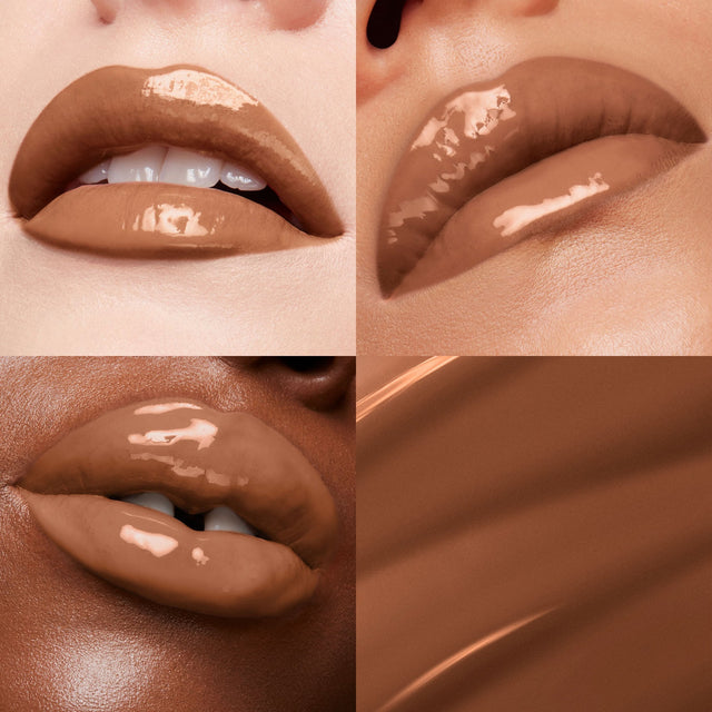 Lip macros of three skin tones wearing the  MoistureGlow™ Plumping Lip Color in shade Caramel. 