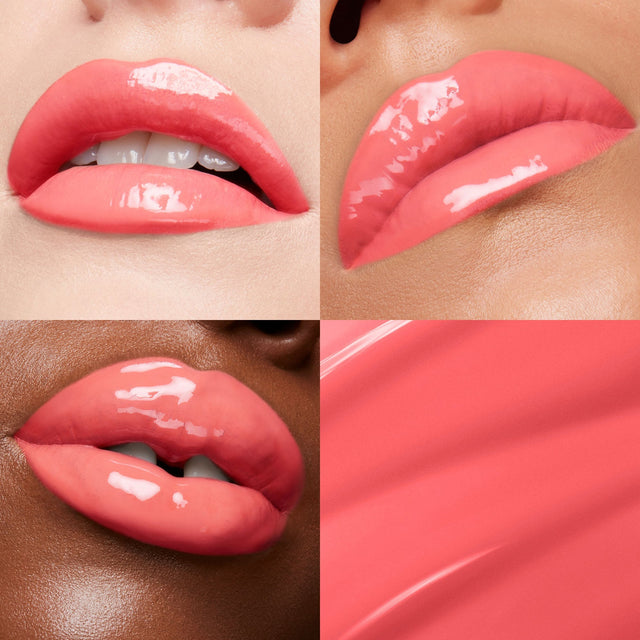 Lip macros of three skin tones wearing the  MoistureGlow™ Plumping Lip Color in shade Hot Pink. 