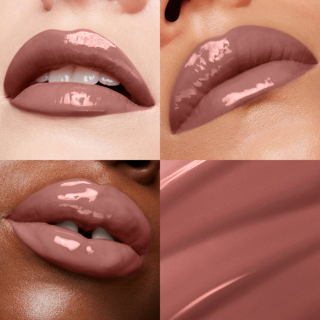 Lip macros of three skin tones wearing the  MoistureGlow™ Plumping Lip Color in shade Miss Rose. 
