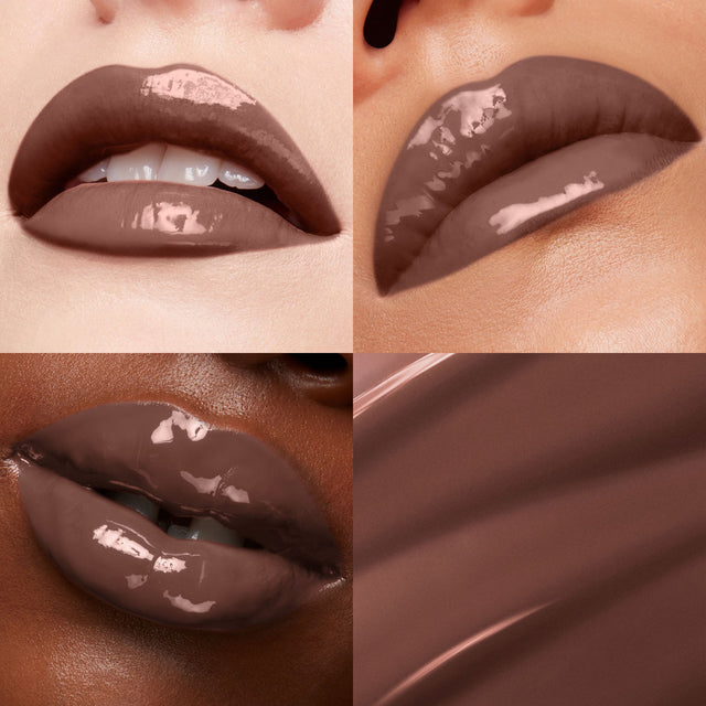 Lip macros of three skin tones wearing the  MoistureGlow™ Plumping Lip Color in shade Mocha Raisin. 