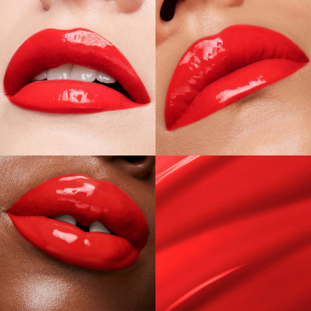 Lip macros of three skin tones wearing the  MoistureGlow™ Plumping Lip Color in shade Poppy. 