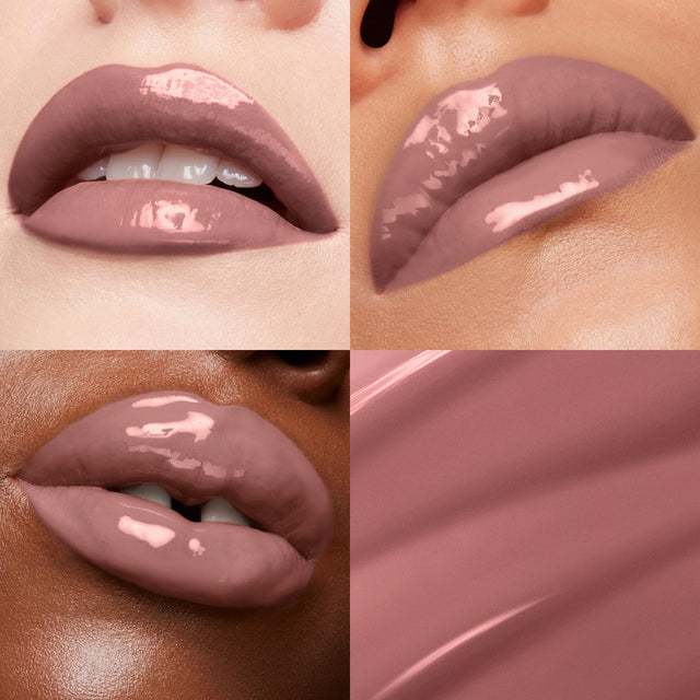 Lip macros of three skin tones wearing the  MoistureGlow™ Plumping Lip Color in shade Smokey Pink. 