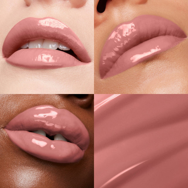 Lip macros of three skin tones wearing the  MoistureGlow™ Plumping Lip Color in shadeSoft Blush. 