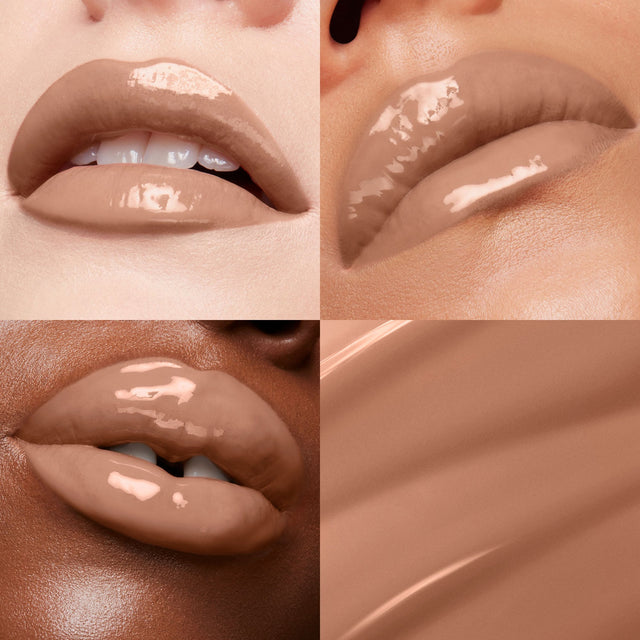 Lip macros of three skin tones wearing the  MoistureGlow™ Plumping Lip Color in shade Soft Nude. 