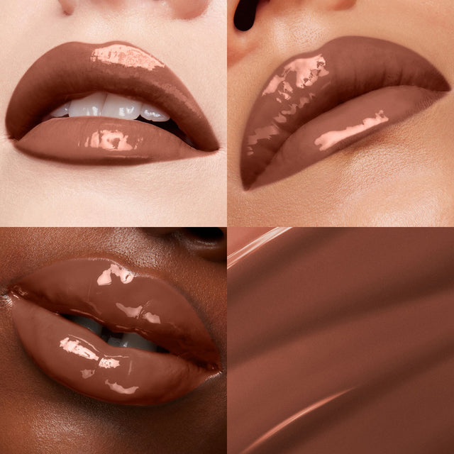 Lip macros of three skin tones wearing the  MoistureGlow™ Plumping Lip Color in shade Spice. 