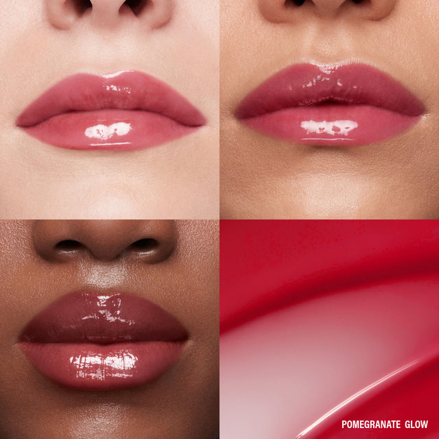 Lip macros of three skin tones wearing the MoistureGlow™ Plumping Lip Serum in shade Pomegranate Glow.